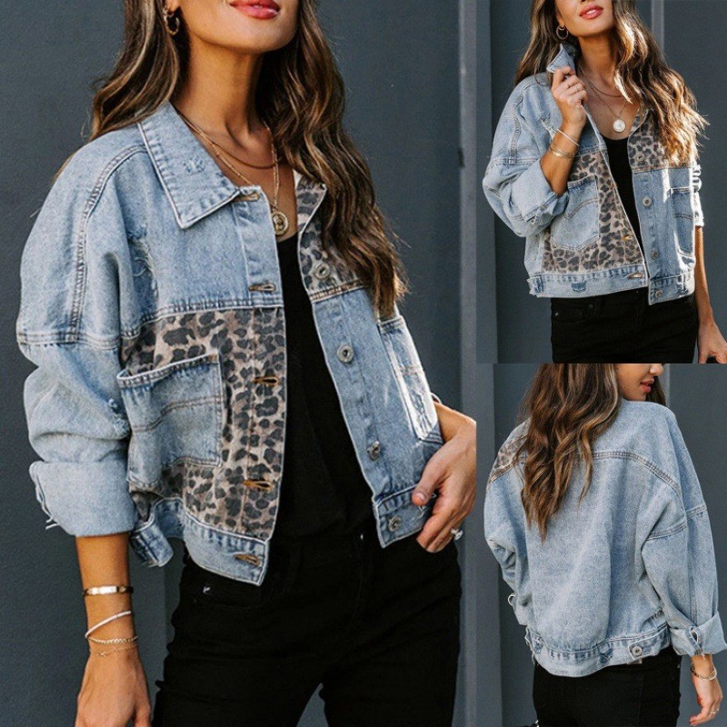 Leopard Stitching Denim Jacket - Sewing Jackets ulasan dan harga